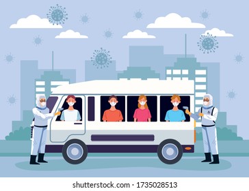 doctors checking temperature for covid19 in bus vector illustration design