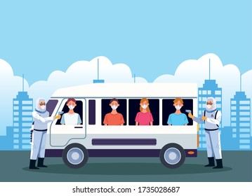 doctors checking temperature for covid19 in bus vector illustration design