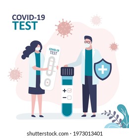 Doctors checks results of rapid test of covid-19. Ampoule with positive result. Scientist in protective mask with express test for coronavirus. Healthcare and medicine concept.Flat vector illustration