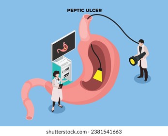 los médicos revisan el concepto de vector 3d de úlcera péptica gástrica, isométrica para ilustración, banner, sitio web, página de aterrizaje, volante, etc.