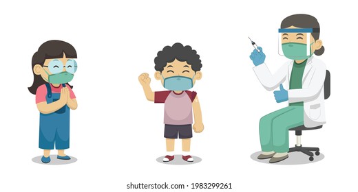 Doctors and Children Character Wear Face Masks During The Vaccination Process. Children's Book. Vector Illustration.
