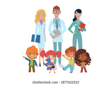 Ärzte und Kinder stehen zusammen, Vektorgrafik einzeln auf weißem Hintergrund. Kinderkrankenhäuser, Pädiatrie.