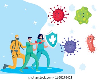 doctores y virus de lucha más limpio con personajes cómicos de escudo diseño de ilustración vectorial