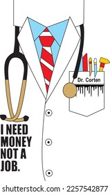 doctor's coat and black lettering red tie white collar pocket and back