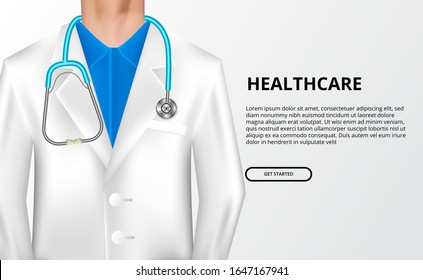 Doctor's coat or gown with stethoscope illustration. Health and medical concept at hospital. poster banner template