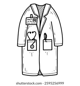 Doctor's coat. Hand drawn doodle. Hospital medical staff uniform. Special clothing. Badge. Vector line art illustration.