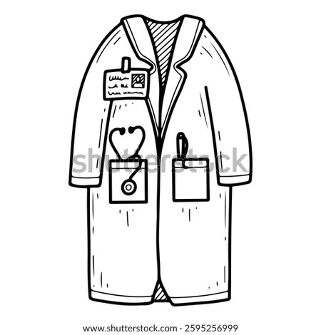 Doctor's coat. Hand drawn doodle. Hospital medical staff uniform. Special clothing. Badge. Vector line art illustration.