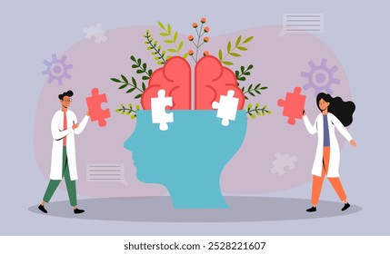 Doctors collaborating to solve mental health puzzles with a creative brain illustration in an office