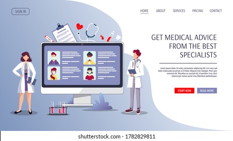 Doctors and computer with patients on the screen. Medical consultation, Online doctor, Tele medicine, Medicine clinic and health care concept. Vector illustration for poster, banner, website.