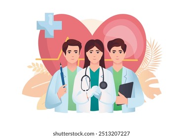 Concepto de médicos con escena de personas en el estilo de dibujos animados planos. Los trabajadores de la salud en esta ilustración representan el trabajo en equipo y la dedicación, con un símbolo del corazón en el fondo. Ilustración vectorial.