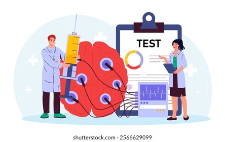 Doctors conduct brain research. Woman and man in medical uniform near brain with sensors. Neurologists examine internal organ. Diagnosis and treatment. Flat vector illustration