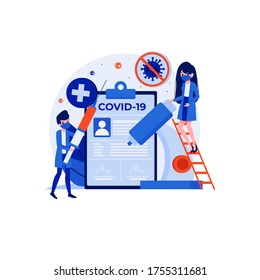doctors conduct research and data analysis about COVID-19, tiny people style.