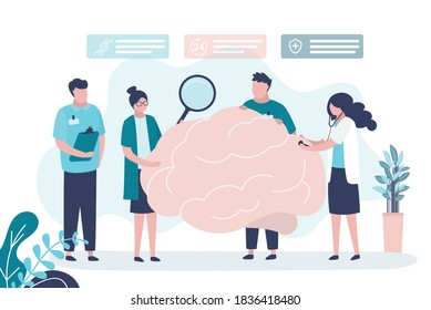 Doctors conduct various studies on brain. Female character examines brain with magnifying glass. Group of medical staff in white coats. Idea of medical treatment and healthcare. Vector illustration