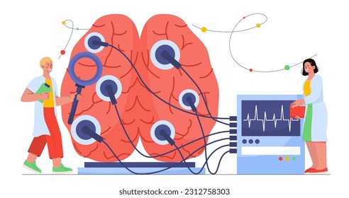 Médicos que llevan a cabo el concepto de investigación cerebral. Hombre con lupa y mujer con dispositivo para medir impulsos electrónicos. Neurología, medicina y ciencia. Dibujo vectorial plano de dibujos animados