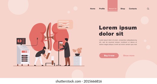 Doctors conducting dialysis procedure for kidney treatment. Vector illustration for patient hemodialysis, healthcare, blood transfusion, internal injection, kidney disease concept