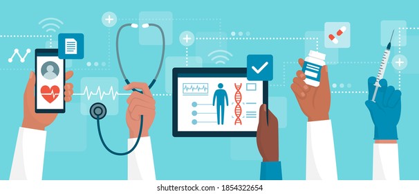 Doctors connecting online and working together, they are using mobile devices and checking a patient's medical records