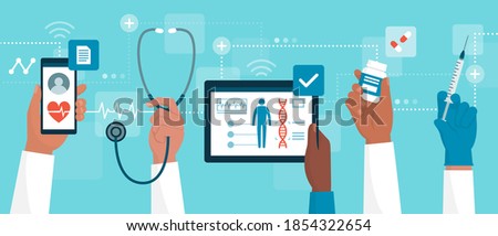 Doctors connecting online and working together, they are using mobile devices and checking a patient's medical records