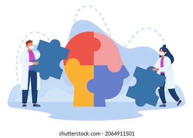 Doctors connecting puzzle of personality in head. Team of tiny people putting pieces of jigsaw together flat vector illustration. Mental health, psychological support, treatment and help concept