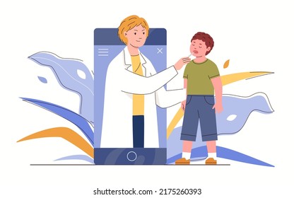 Doctor's Consultation By Phone. Online Visit To Pediatrician. Video Call To Medical Specialist. Vector Characters Flat Cartoon Illustration.