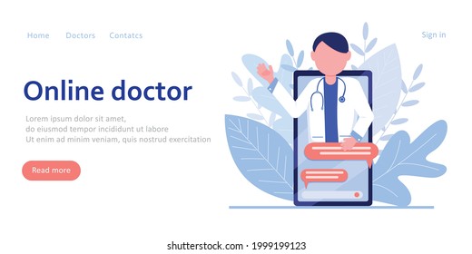 Doctor's consultation on the Internet, in Riga online. Doctor's advice in chat. Online medicine and healthcare concept. Banner design for the site. Vector illustration in flat, cartoon style.