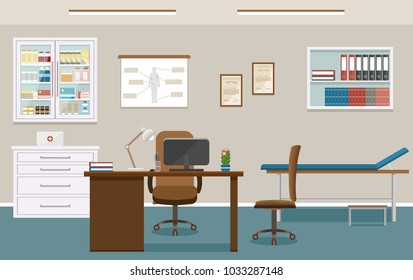 Doctor's consultation room interior in clinic. Empty medical office design. Hospital working in healthcare concept. Vector illustration.