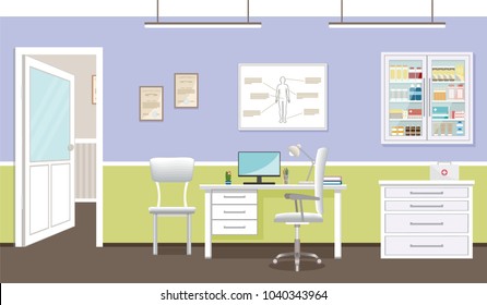 Doctor's consultation room interior in clinic. Hospital working in healthcare concept. Empty medical office design.