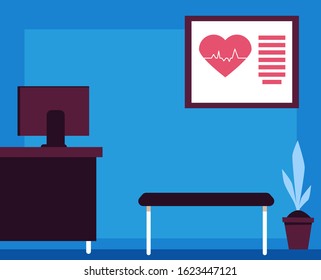 Doctor's consultation room interior in a hospital or empty medical office design with furniture flat vector illustration. Hospital working place in healthcare clinic.