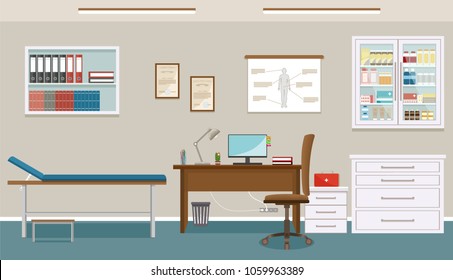Doctor's consultation room in medicine clinic. Empty medical office interior design. Hospital working in healthcare concept.