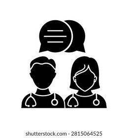 Doctors Consultation with Speech Bubble Black Icon. Physicians Speaking Silhouette Pictogram. Medic Specialist Conversation Icon. Healthcare Chat. Isolated Vector Illustration.