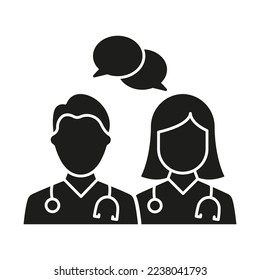 Doctors Consultation with Speech Bubble Silhouette Icon. Physicians Speaking Glyph Pictogram. Medic Specialist Conversation Icon. Healthcare Chat. Isolated Vector Illustration.
