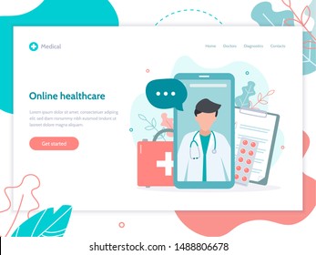 Doctor's consultation via smartphone. Online medical service. Web banner design template. Flat vector illustration.