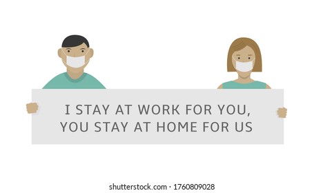 Doctors coronavirus fighters ask for support and to stay at home with plates vector illustration