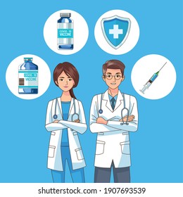 doctors couple characters with covid19 vaccine icons vector illustration design