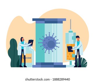 doctors couple with covid19 particle and vaccine vector illustration design