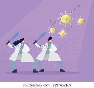 doctors couple and covid19 particles characters