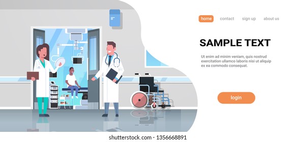 doctors couple discussing in hospital corridor with wheelchair open door to surgery room african man sitting operating table modern clinic interior flat full length horizontal copy space