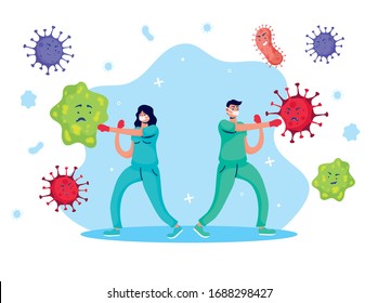 doctors couple fighting virus comic characters vector illustration design