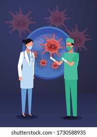 doctors couple with laboratory equipment vector illustration design