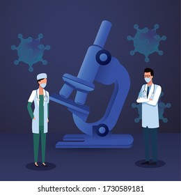 doctors couple with laboratory equipment vector illustration design
