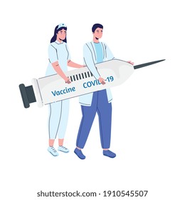doctors couple lifting syringe with covid19 vaccine medical icon vector illustration design