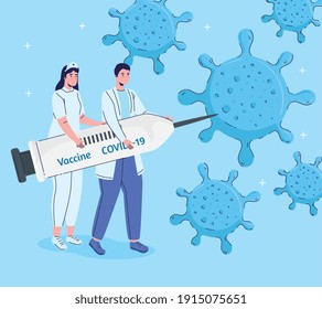 doctors couple lifting syringe with covid19 vaccine and particles vector illustration design