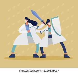 doctors couple with shield and sword