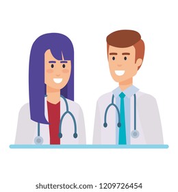 doctors couple with stethoscopes characters
