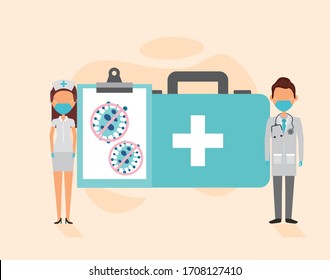 doctors couple using face masks with checklist and medical kit vector illustration design