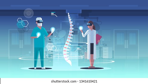 doctors couple wearing digital glasses looking virtual reality spine human organ anatomy healthcare medical vr headset vision concept operaton room interior full length horizontal