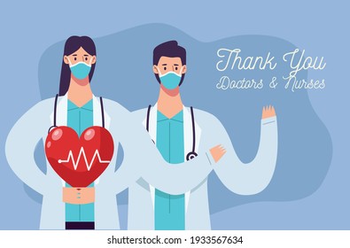 doctors couple wearing facemask with heart cardiology vector illustration design