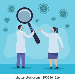 doctors couple wearing facemask with magnifying glass and covid19 particles vector illustration design