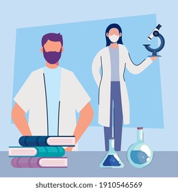 doctors couple wearing medical masks with books and laboratory icons vector illustration design