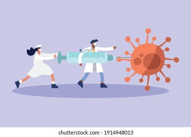 doctors couple wearing medical masks with syringe and virus particle vector illustration design