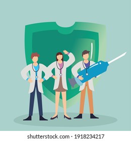 doctors with covid 19 virus vaccine injection and shield design of 2019 ncov cov and coronavirus theme Vector illustration